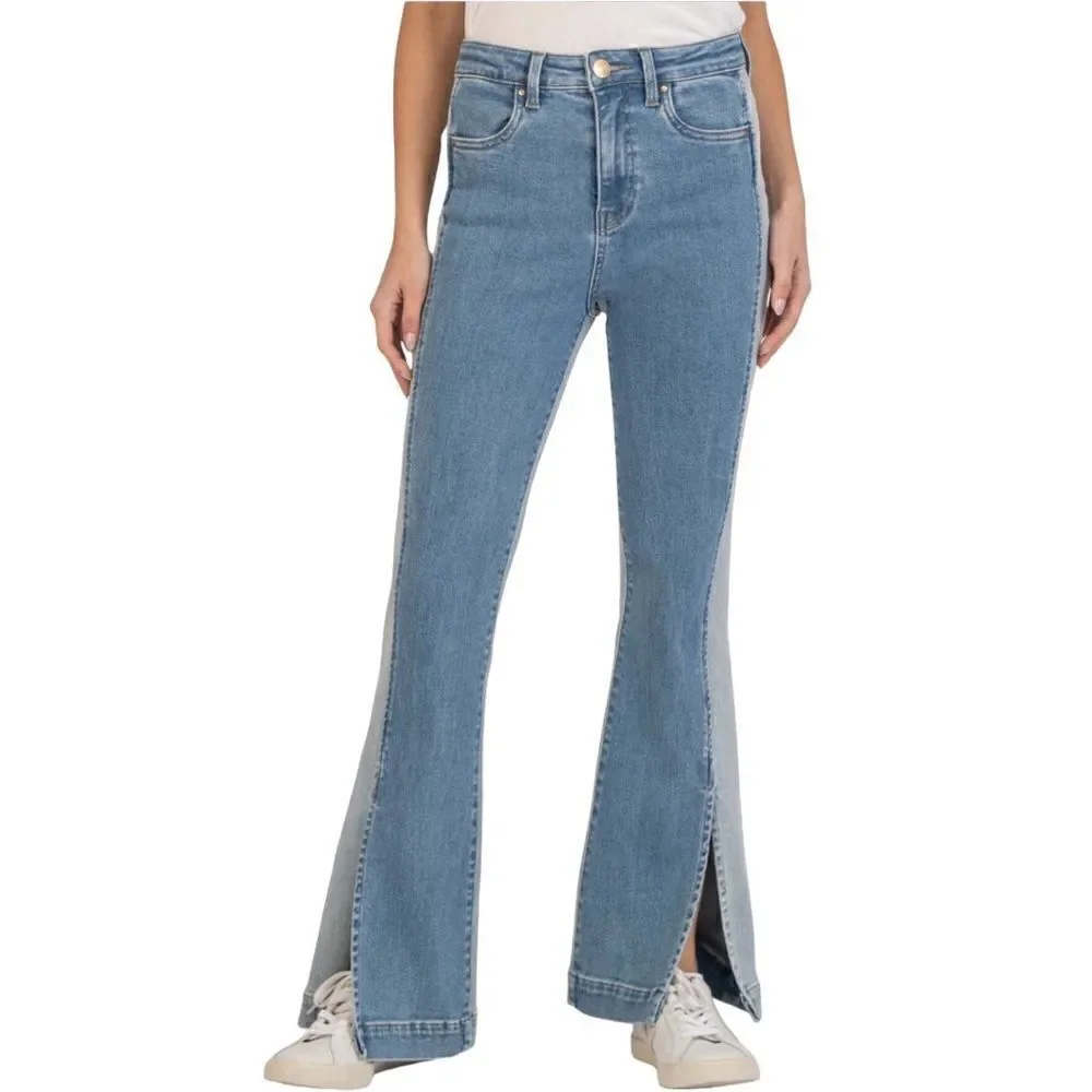 KUT from the KLOTH Ana High Waist Flare Jeans in the Size 12 in Color Block Blue